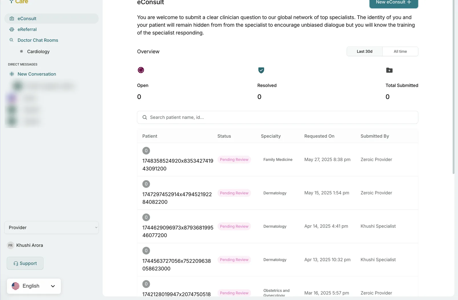 The eConsult dashboard: open, resolved and submitted consults, with each request listed by specialty and status