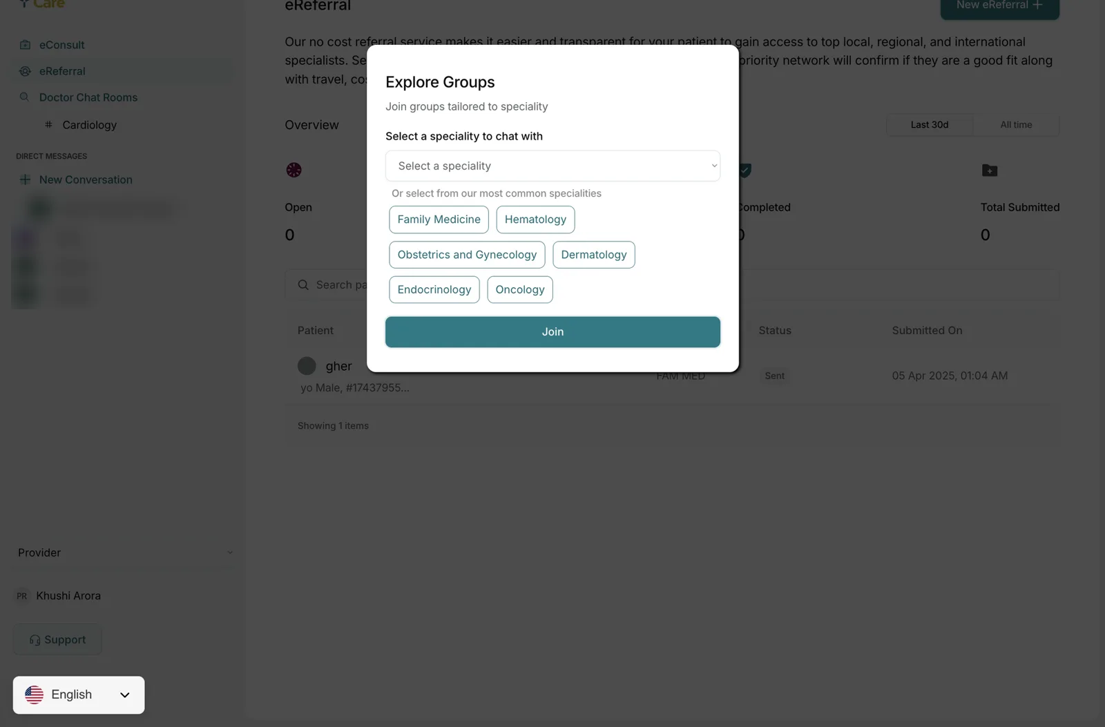Joining a specialty chat room: family medicine, hematology, OB/GYN, dermatology, endocrinology and oncology